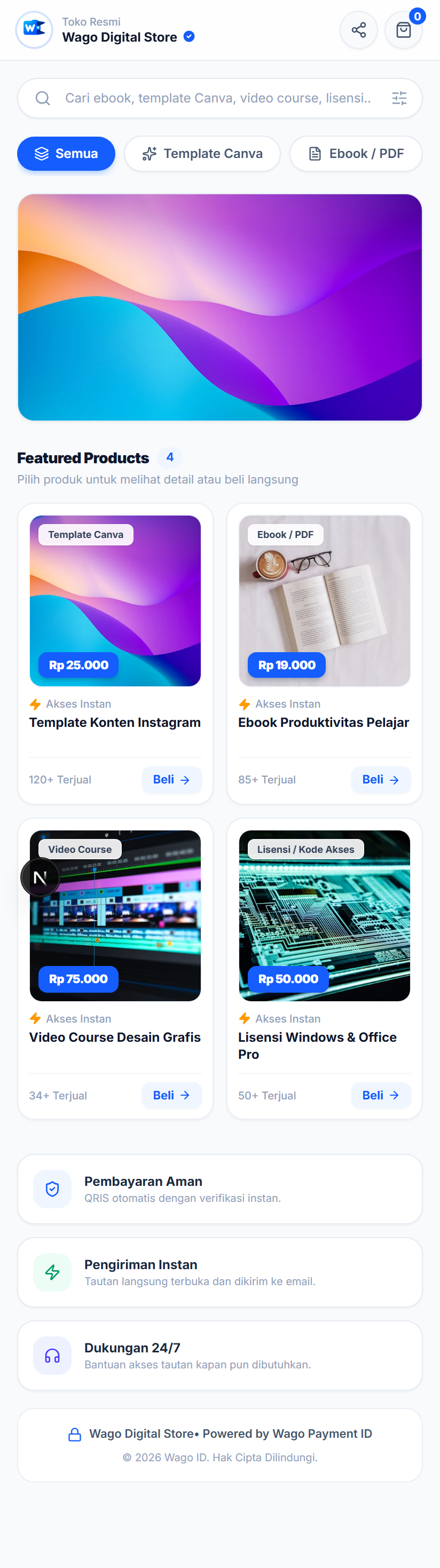 Tampilan halaman toko Cartly di ponsel
