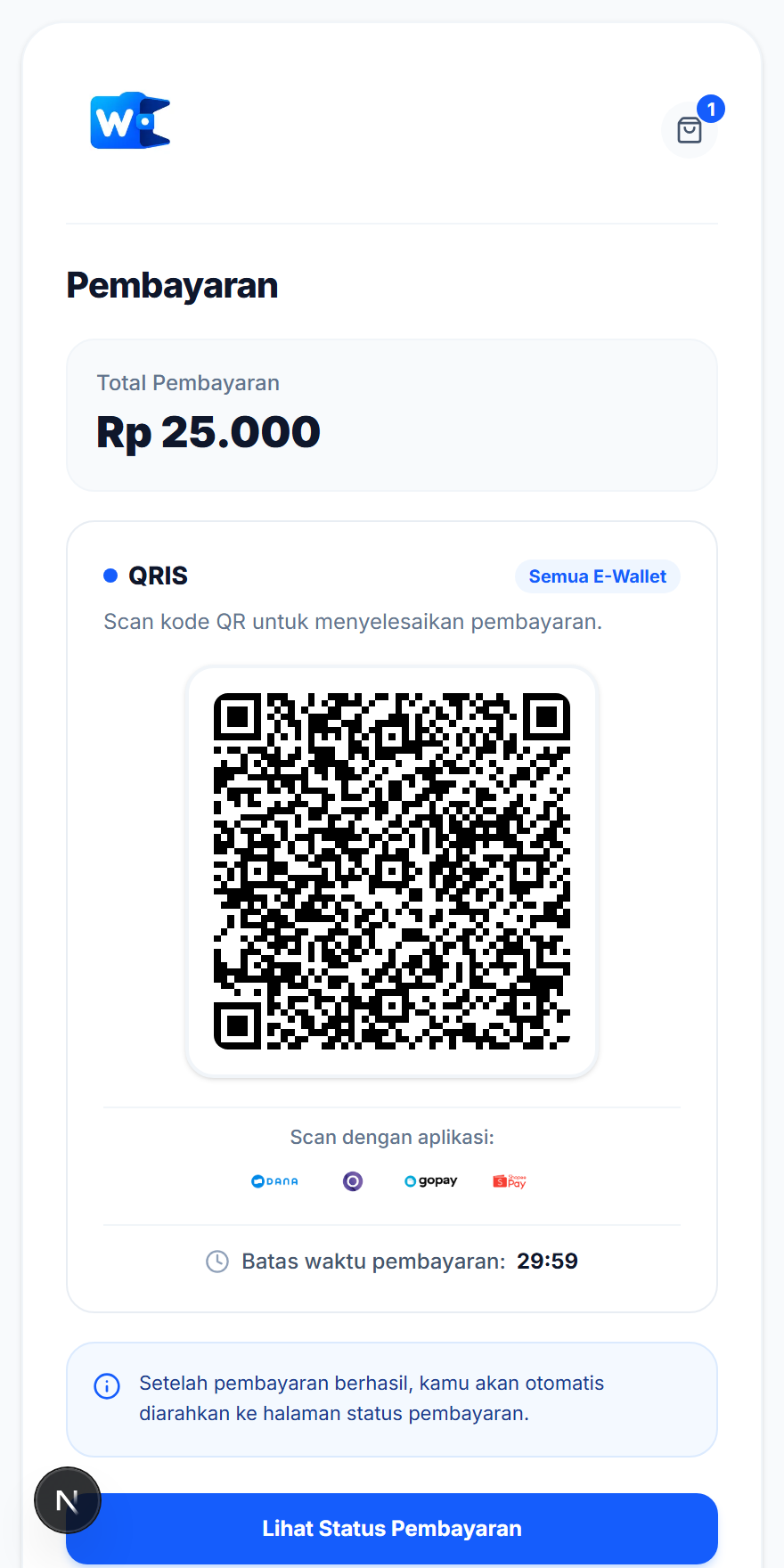 Halaman pembayaran QRIS Cartly