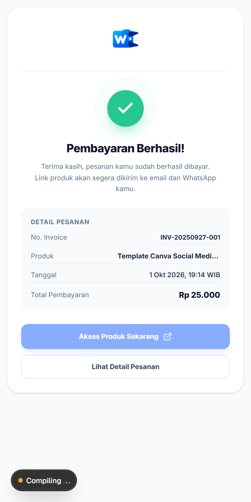 Halaman akses produk setelah pembayaran berhasil